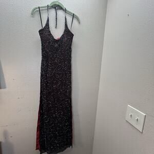 SEAN XPRESS Red 100% Silk Beaded Embellished Y2K Prom Pageant Dress Gown Halter